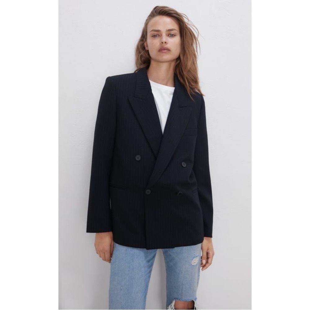 ZARA Pinstriped Double Breasted Blazer Medium - Picture 2 of 5